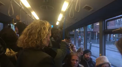 Passengers cram on a bus from Amsterdam Central to Sloterdijk, Amsterdam power outage 17 Jan 2017