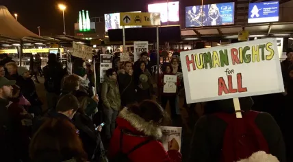 Dozens protest at Schiphol against Donald Trump banning people from 7 Muslim countries from the U.S., 29 Jan 2017