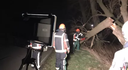 Firefighters in Sint Philipsland, Zeeland deal with a tree blown over by a storm, 23 Feb 2017