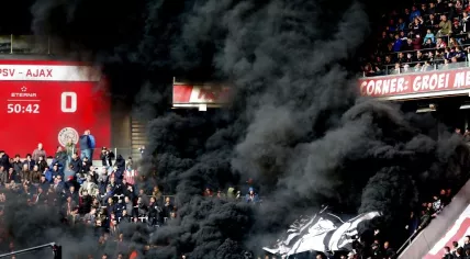 Smoke bomb at PSV vs Ajax Eredivisie match in Philips Stadium, Eindhoven, 23 Apr 2017