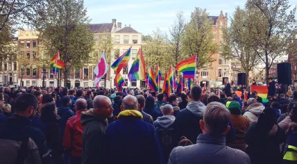 Hundreds gather at the Gay Monument in Amsterdam to protest against "gay camps" in Chechnya, Russia, 19 Apr 2017