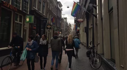 Rainbow flags on Warmoesstraat in Amsterdam Centrum, 5 May 2017
