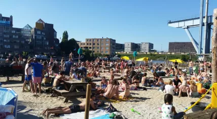 People enjoying the summer weather at Amsterdam's inner city beach bar Roest, 18 Jun 2017