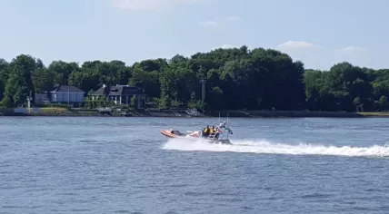 A rescue boat responding to a boat fire in Biesbosch, 10 Jul 2017