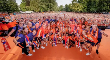 The Oranje Lionesses celebrate their European Championship in the Lepelenburg Park in Utrecht, 7 Aug 2017