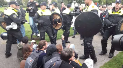 Anti-fascist demonstrators block the way of a Fortress Europe, Pegida march in Enschede, 17 Sept 2017