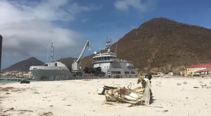 Dutch Navy ship Zr.Ms. Pelikaan unloads emergency supplies on Sint Maarten following Hurricane Irma, 7 Sept 2017
