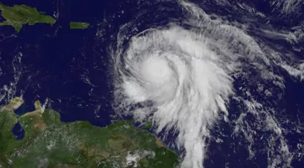 This visible image of Hurricane Maria was taken from NOAA's GOES East satellite on Sept. 18 at 10:45 a.m. EDT (1445 UTC) as it strengthened to a Category 3 hurricane just east of the Leeward Islands.