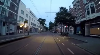 Driver's view of a Rotterdam tram traveling on Line 4 across Marconiplein