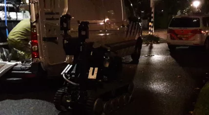 An EOD robot deployed to examine explosives left on Einsteinstraat in Kudelstaart after a failed ATM bombing, 12 Oct 2017
