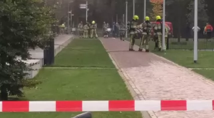 Firefighters at the scene of a fire in the Grotius building at Radboud University Nijmegen, 17 Oct 2017
