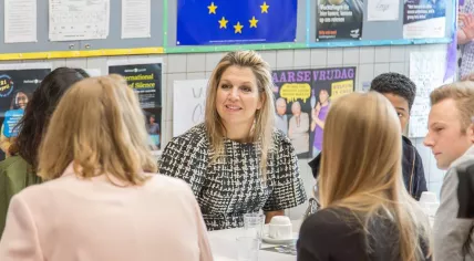 Queen Maxima speaking with students at the Hofstad Lyceum in The Hague about LGTBI acceptance, 8 Nov 2017