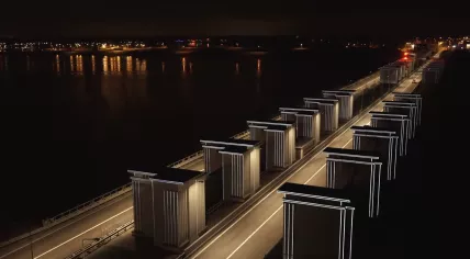 The Afsluitdijk illuminated by Daan Roosergaarde's Gates of Light installation