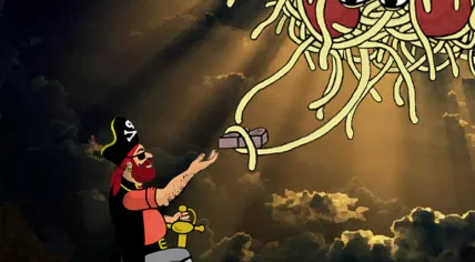 Depiction of the Flying Spaghetti Monster giving the "I'd Really Rather You Didn'ts" tablets to Captain Mosey