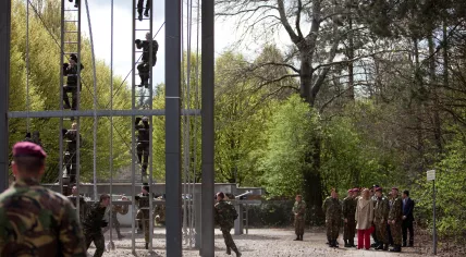 Princess Maxima views a training exercise of the 11 Luchtmobiele Brigade at Oranjekazerne in Schaarsbergen. Apr. 22, 2010.