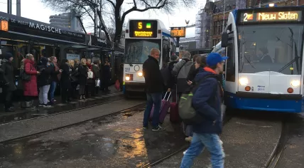 Amsterdam trams packed full on a snowy Monday morning, 11 Dec 2017