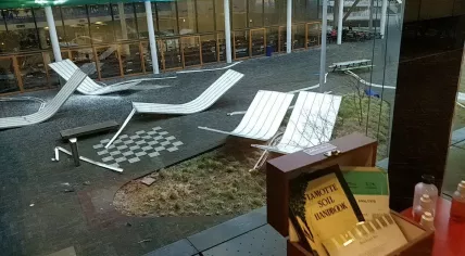 Pieces of the University of Amsterdam Science Park's roof blown off by hurricane strength winds, 18 Jan 2018
