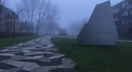 Foggy morning in Funenpark in Amsterdam Centrum, 26 Jan 2018