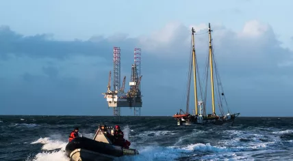 Greenpeace activists climb onto a drilling platform on the North Sea to protest against gas drilling near Schiermonnikoog, 15 & 16 Feb 2018