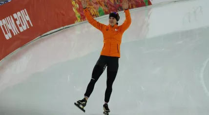 Irene Wust after winning gold in the 3,000m in the Winter Olympics 2014