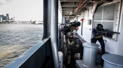 Anti-terrorism unit DSI during a drill in the port of Rotterdam, April 2016