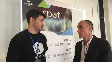 Edmund Lowell (left), Founder of Selfkey, and Jorgen Welsink, CEO of Cryptocurrency Academy, at the 2018 Black Sea Blockchain Summit. 25 April 2018.