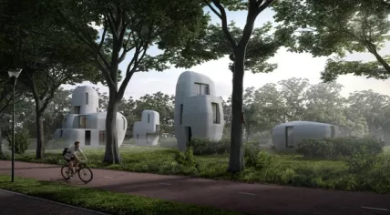 Illustration of 3D printed homes in Eindhoven's Project Milestone