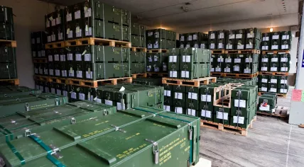 Crates of ammunition in a bunker at Defense ammunition complex Veenhuizen