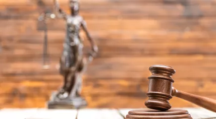 Gavel with lady justice in the background