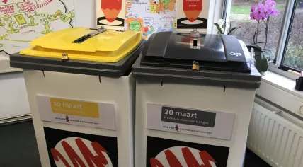 Ballot bins at a polling station in Amsterdam, Provincial States and waterboard elections, 20 March 2019
