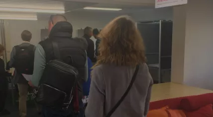 People in line at an Amsterdam polling station to vote in the European Parliament elections, 23 May 2019