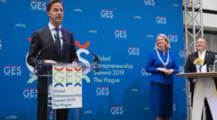 Mark Rutte, Sigrid Kaag and Mike Pompeo opening the Global Entrepreneurship Summit in The Hague, 3 June 2019