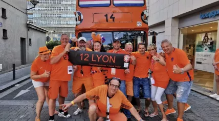 Oranje supporters on the Dutch Orange Bus in Valenciennes, France during 2019 World Cup