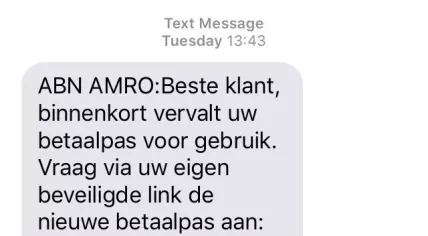 A phishing SMS made to look as if it was sent by ABN Amro