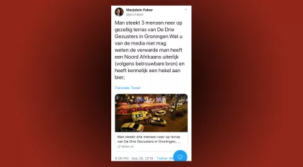 A tweet by PVV Senator Marjolein Faber about a stabbing incident at a terrace in Groningen, 26 Sept 2019