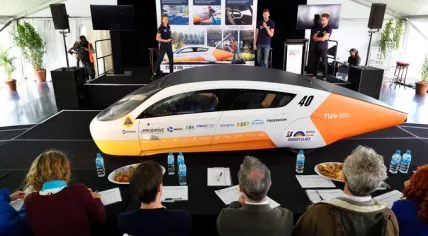 Solar Team Eindhoven presenting their Stella Era at the World Solar Challenge, Oct 2019