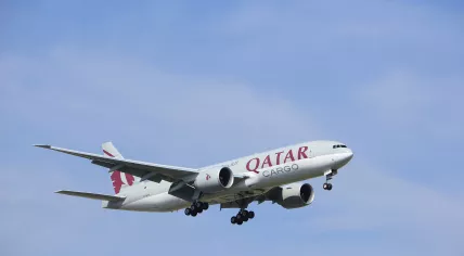 A Qatar Airways Cargo Boeing 777 departs Schiphol Airport. July 21, 2016