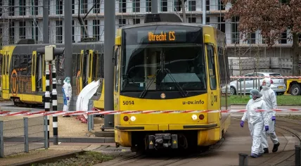 Investigators at the scene of a mass shooting in a tram on 24 Oktoberplein in Utrecht, 18 March 2019