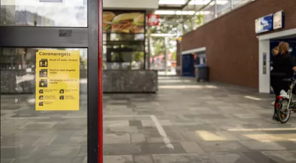 Public transportation social distancing rules posted at a train station in Almelo. July 28, 2020