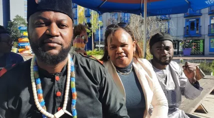 Mwazulu Diyabanza Siwa Lemba with his comrades Laehtia Babin (center) and Sore Brama (right)