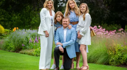 King Willem-Alexander, Queen Maxima, and their daughters pose at the Huis ten Bosch palace. 17 July 2020
