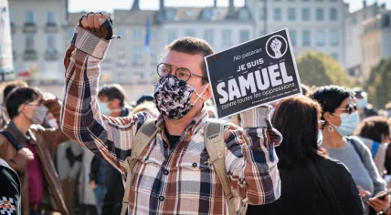 Anti-terrorism protest in Lyon, France after the murder of teacher Samuel Paty, 28 October 2020