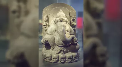 Thirteenth-century stone statue of Ganesha sitting on a ring of skulls taken from East Java to the Netherlands in the 19th century. 18 June 2015