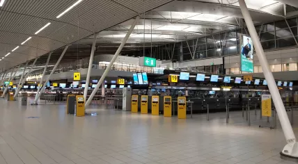 An empty check-in area at Schiphol Airport. 18 Dec. 2020