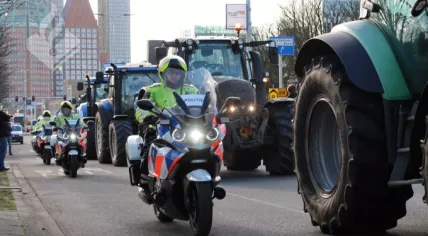 Police escorting farmers out of The Hague after their protest against the government's nitrogen policy, 19 February 2020