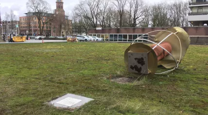 Wind knocked over several parts of the garden statue Faith, Hope and Love outside the Oosterpark in Amstterdam, 10 February 2020