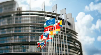 Flags in front of European Parliament in Strasbourg, France 