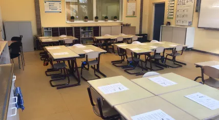 An empty classroom at an Amsterdam school in March 2020