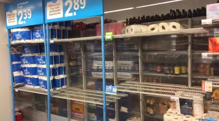Empty shelves of toilet paper