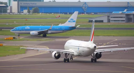 A KLM aircraft in front of an Air France airplane at Schiphol Airport in Amsterdam. July 11, 2017